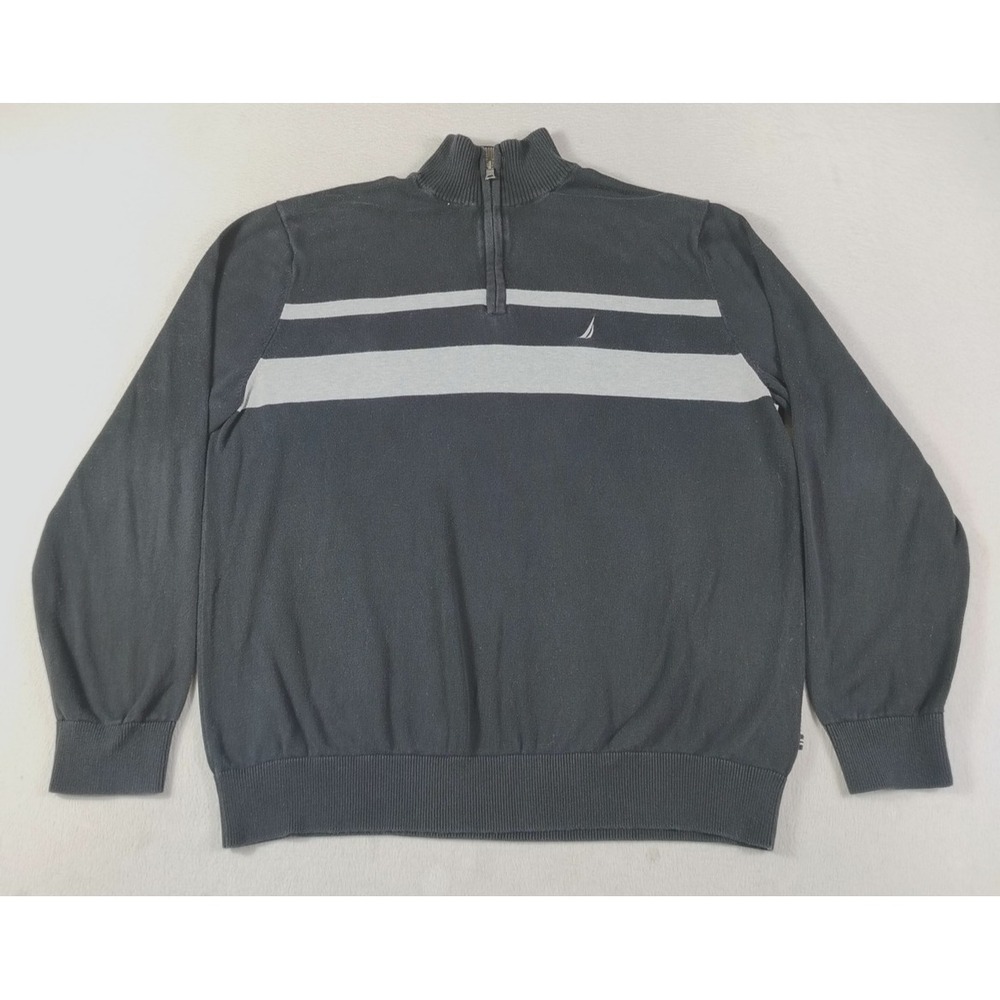 Nautica Sweater Mens XL Black Stripe 1/4 Zip Mock Neck Cotton Knit Cabincore